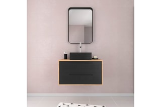 Ensemble meuble de salle de bain suspendu 2 tiroirs, vasque et miroir - Noir et naturelle