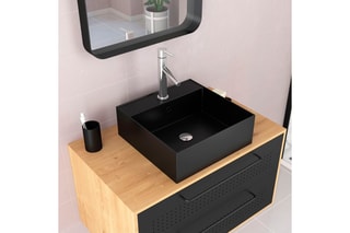 Ensemble meuble de salle de bain suspendu 2 tiroirs, vasque et miroir - Noir et naturelle