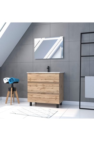 Ensemble meuble de salle de bain 3 tiroirs, vasque en céramique et miroir - Imitation chêne