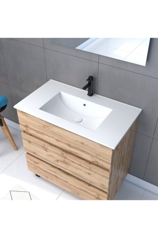 Ensemble meuble de salle de bain 3 tiroirs, vasque en céramique et miroir - Imitation chêne