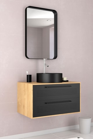 Ensemble meuble lave-main suspendu avec miroir Uby - Noir et naturel