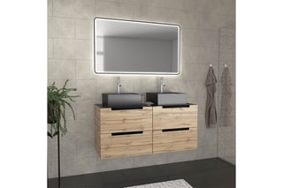 Ensemble meuble salle de bain 4 tiroirs, 2 vasques et miroir LED - Naturel et noir