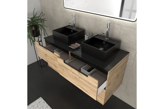 Ensemble meuble salle de bain 4 tiroirs, 2 vasques et miroir LED - Naturel et noir