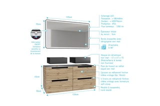 Ensemble meuble salle de bain 4 tiroirs, 2 vasques et miroir LED - Naturel et noir