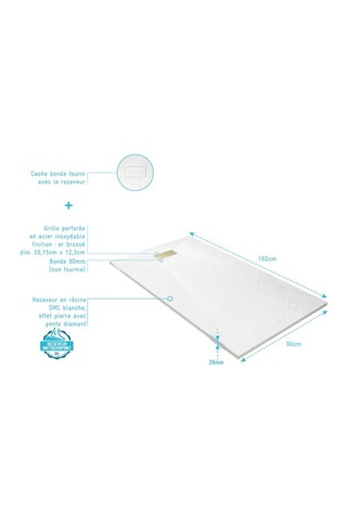 Receveur de douche avec grille perforée - Blanc - 90 x 160 x 2,6 cm