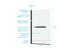 Pare baignoire rabattable en verre trempé avec porte-serviette Essentiel - 70 x 120 cm