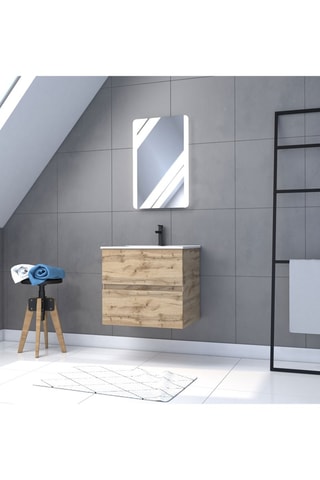 Ensemble suspendu meuble salle de bain 2 tiroirs, vasque et miroir LED - Naturel et blanc
