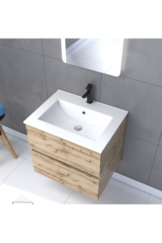 Ensemble suspendu meuble salle de bain 2 tiroirs, vasque et miroir LED - Naturel et blanc