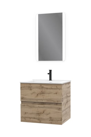 Ensemble suspendu meuble salle de bain 2 tiroirs, vasque et miroir LED - Naturel et blanc
