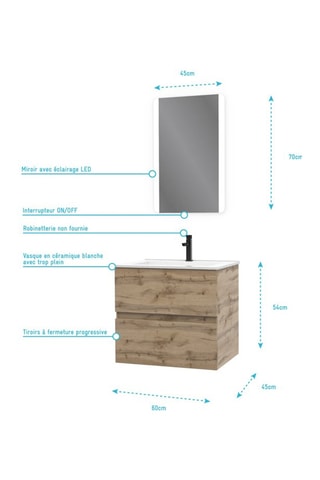 Ensemble suspendu meuble salle de bain 2 tiroirs, vasque et miroir LED - Naturel et blanc