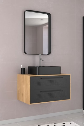 Ensemble meuble lave-main suspendu avec miroir Uby - Noir et naturel