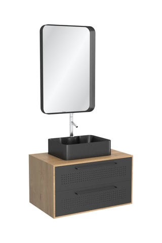 Ensemble meuble lave-main suspendu avec miroir Uby - Noir et naturel