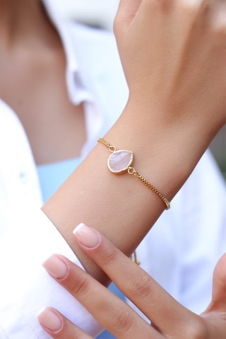 Bracciale laminato oro giallo - Quarzo rosa