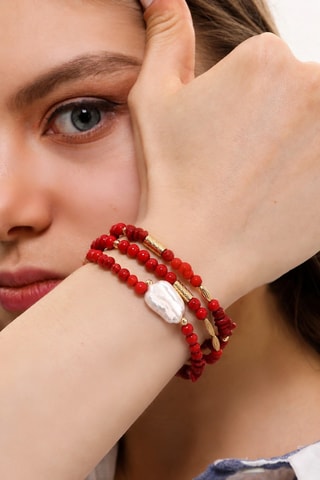 3 bracciali - Placcato oro giallo, coralli rossi e perla coltivata