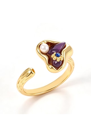 Anello - Placcato oro giallo, ametista e perla di imitazione