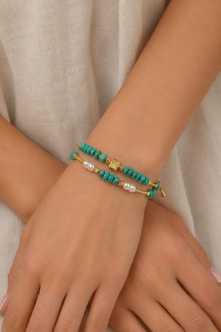 Bracciale laminato oro giallo - Turchesi e perle coltivate