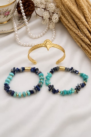 3 bracciali laminato oro giallo - Lapislazzuli e turchesi