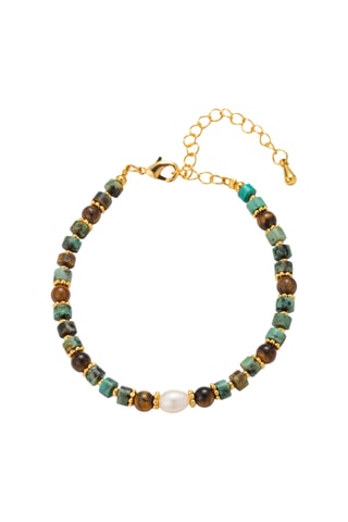 Bracciale laminato oro giallo - Turchese, occhio di tigre e perle coltivate