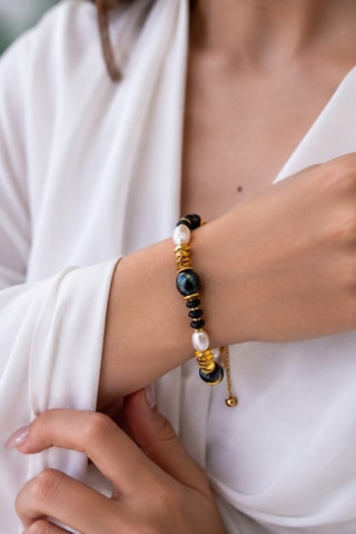 Bracciale laminato oro giallo - Onice e perle coltivate