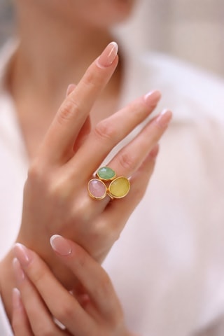 Anello - Placcato oro giallo, occhi di gatto e amazzonite