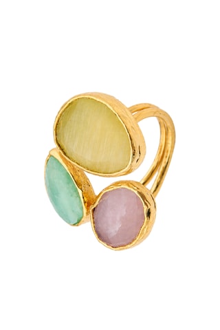 Anello - Placcato oro giallo, occhi di gatto e amazzonite