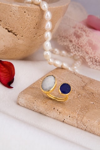 Anello laminato oro giallo - Occhio di gatto e pietra di luna