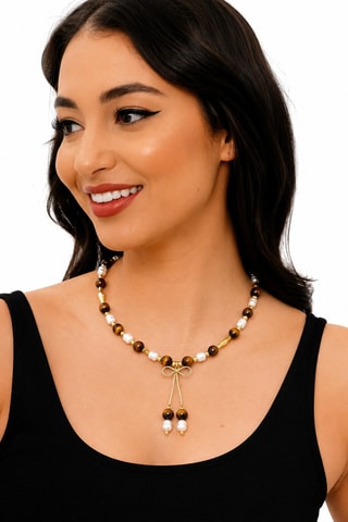 Collana laminato oro giallo - Occhi di tigre e perle coltivate