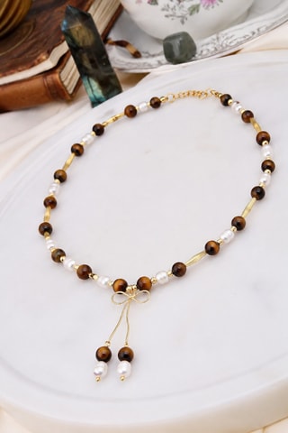 Collana laminato oro giallo - Occhi di tigre e perle coltivate