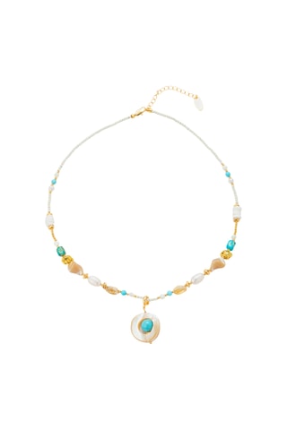 Collana laminato oro giallo - Turchesi, madreperla e perle coltivate