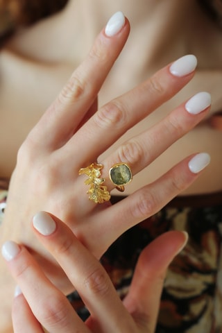 Anello - Placcato oro giallo e prehnite