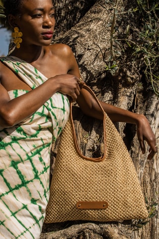 Sac porté épaule en paille et cuir Maldives - Camel