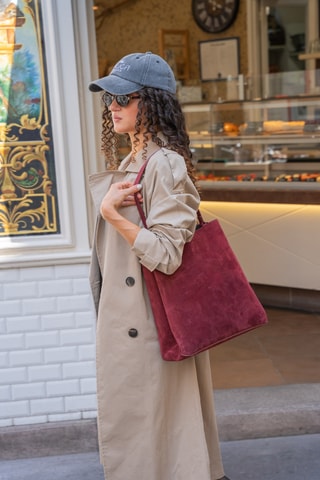 Sac porté épaule en cuir suède Mist - Bordeaux