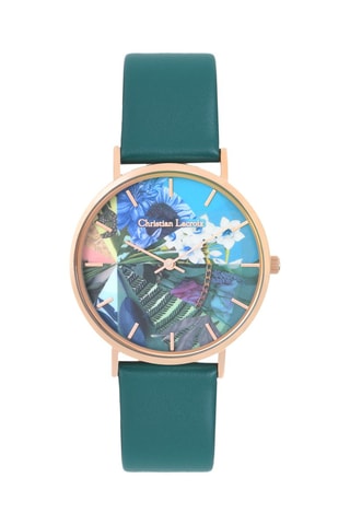 Leren Quartz Horloge Botanic Rainbow - donkergroen en goudkleurig