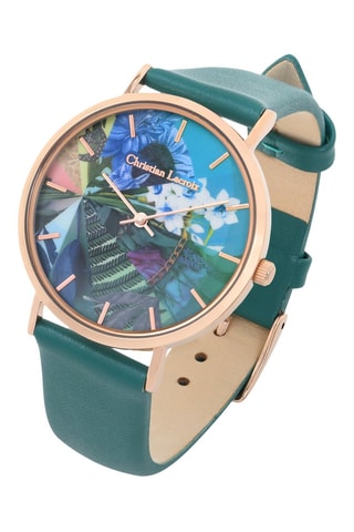 Leren Quartz Horloge Botanic Rainbow - donkergroen en goudkleurig