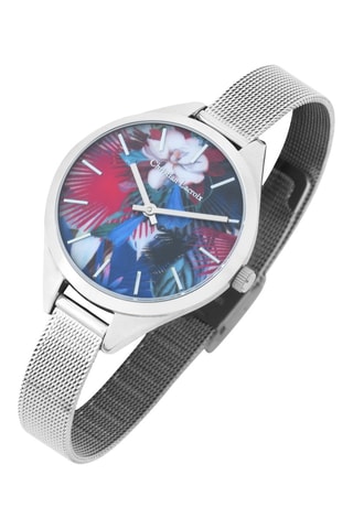 Stalen Quartz Horloge L’oiseau Fleur - Zilverkleurig en Rood