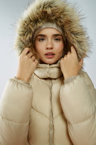 Gewatteerde jas met capuchon - Beige