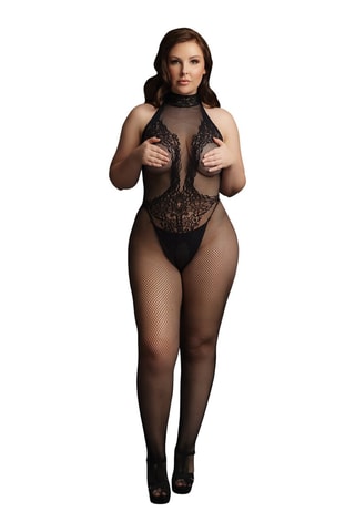 Mono con abertura Fishnet and Lace Bodystocking - Negro
