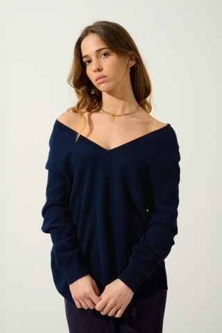 Pull Giegn 100% cachemire, 2 fils - Col en V - Bleu