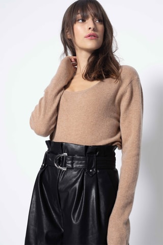 Pull Lanfon 100% cachemire, 2 fils - Encolure en U - Marron