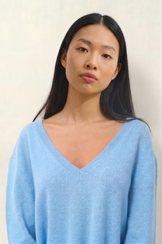 Maglia Giegn 100% cashmere, 2 fili - Collo a V - Blu