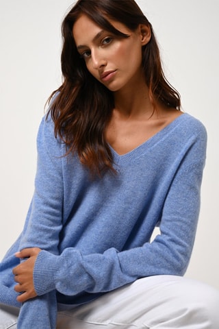 Pull Giegn 100% cachemire - Col en V - Bleu