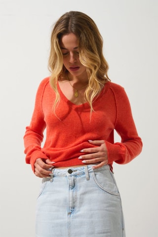 Pull Giusalet 100% cachemire, 2 fils - Col en V - Orange
