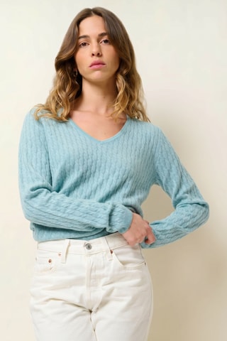 Pull Grasmoor 100% cachemire, 2 fils - Col en V - Bleu