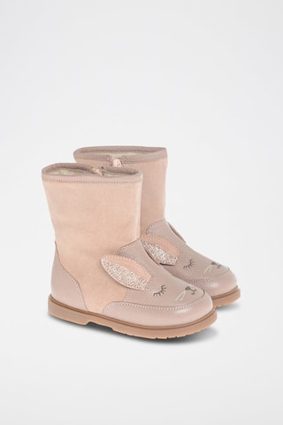 Bottines fourrées à oreilles en cuir Corail et vieux rose