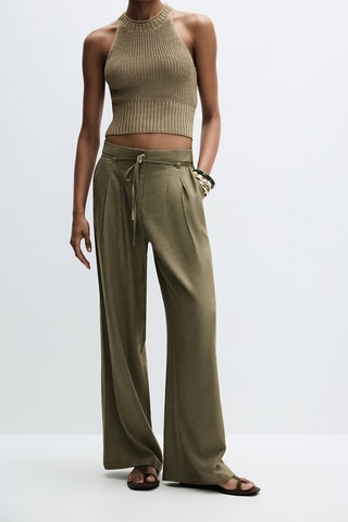Pantaloni wide legs in lino - Kaki