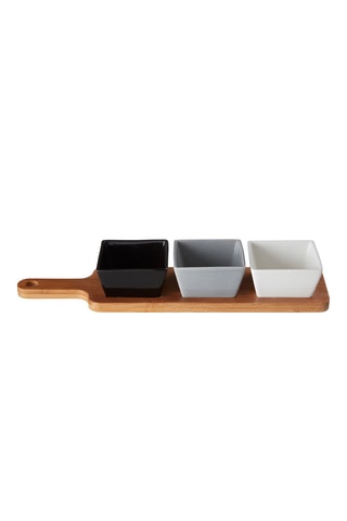 3 boles de presentación de porcelana con bandeja de bambú Soirée - 40 x 10 x 7 cm