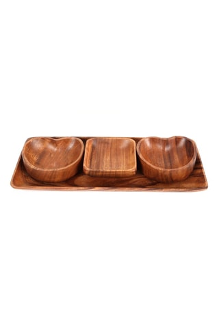 Bandeja de madera con 3 cuencos de acacia