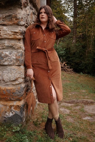 Abito a camicia in velluto - Cammello