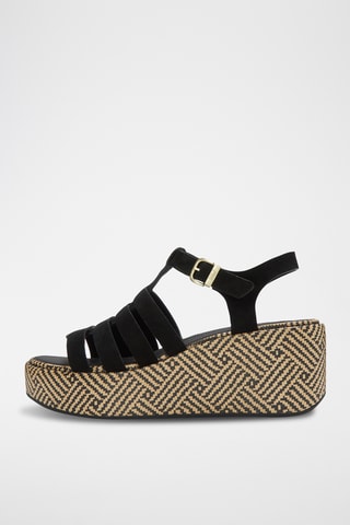 Leren Sandalen met Sleehak Graphic-Weave - Zwart