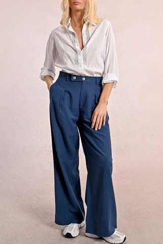 Pantalon taille haute en lin - Bleu marine - Molly Bracken